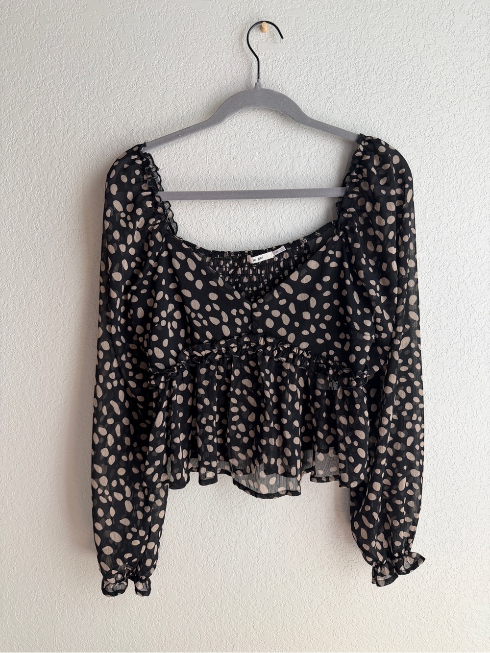 miami Black Blouse with Cream Polka Dots, Peplum Hem